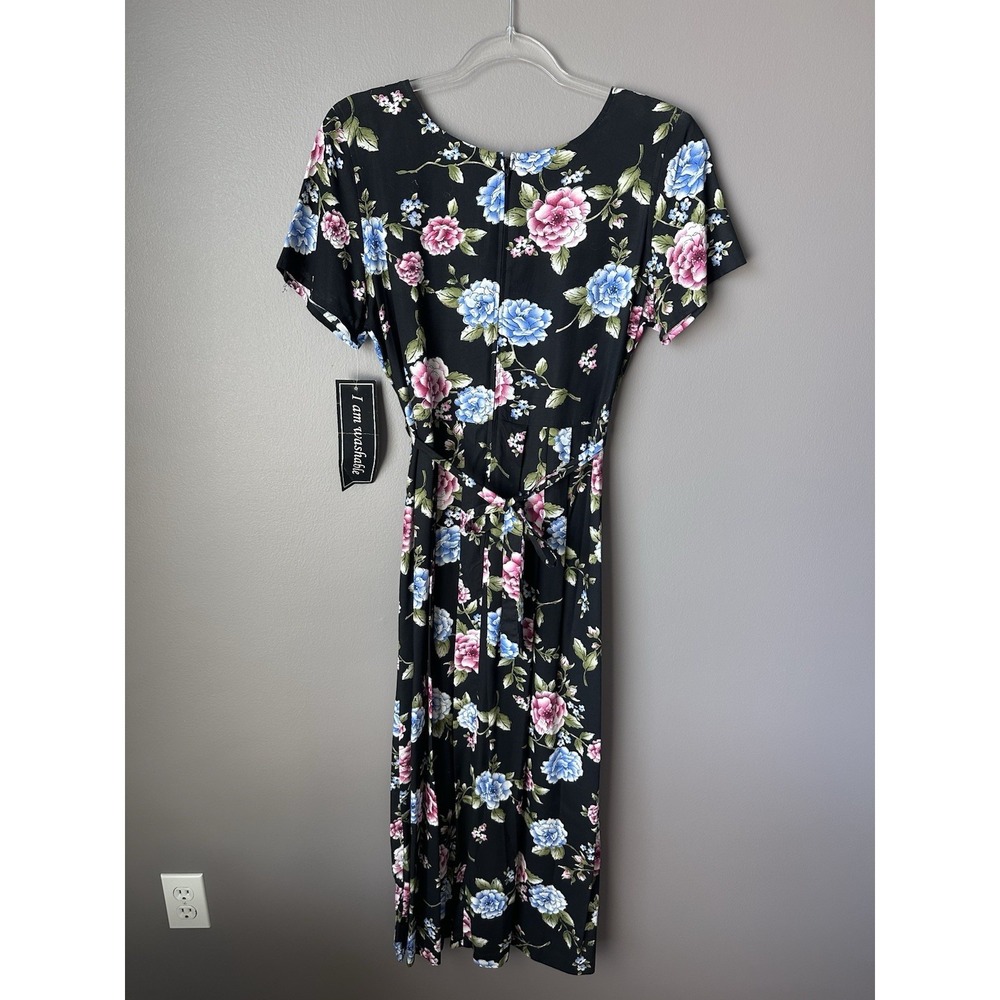 Vintage Erika Maxi Dress Women's Small Black Floral Print Tie Waist 90s Mom NWT - Picture 8 of 14